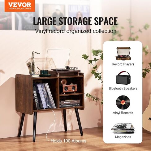 حامل مشغل تسجيل VEVOR، حامل القرص الدوار يحمل ما يصل إلى 100 ألبوم، خزانة تسجيل فينيل عتيقة مع أرفف قابلة للإزالة، طاولة مشغل تسجيل مع ارتفاع قابل للتعديل لغرفة المعيشة، غرفة النوم، بني in Saudi Arabia