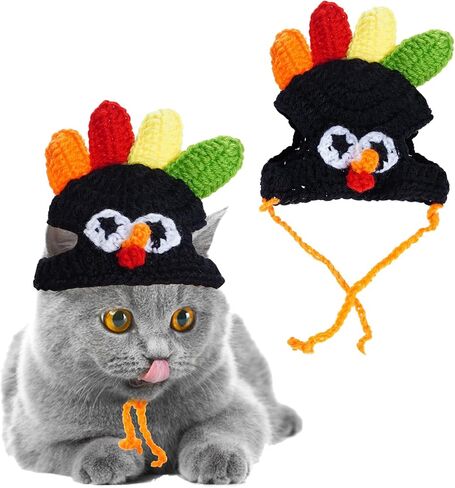 Cat Turkey Hat Pet Costume Knitted Cap Crochet Hat for Small Dog Kittens for Thanksgiving Halloween Party (Brown) in Kuwait