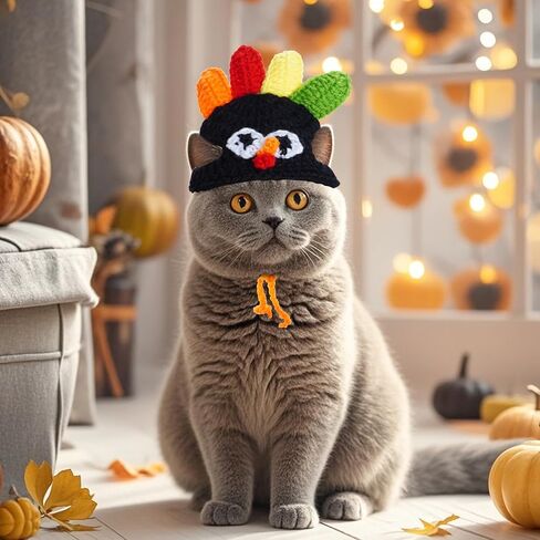Cat Turkey Hat Pet Costume Knitted Cap Crochet Hat for Small Dog Kittens for Thanksgiving Halloween Party (Brown) in Kuwait