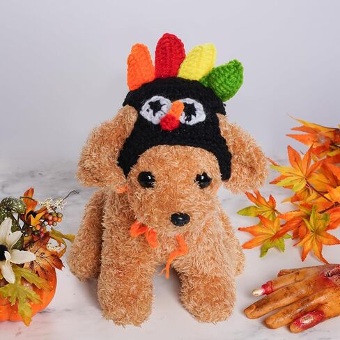 Cat Turkey Hat Pet Costume Knitted Cap Crochet Hat for Small Dog Kittens for Thanksgiving Halloween Party (Brown) in Kuwait