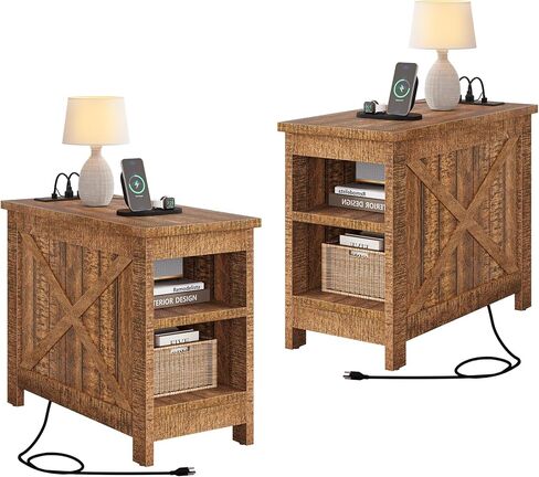 YITAHOME End Table with Charging Station, Farmhouse Narrow Side Table with Storage Shelf, Nightstand with Storage for Small Spaces, Living Room, Bedroom, Brown in Saudi Arabia