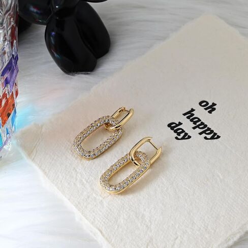 أقراط هوجي هوب ذهبية طويلة مع مكعب زركونيا مستطيلة متدلية للأذنين الحساسة أقراط مزدوجة للنساء العصرية in Kuwait