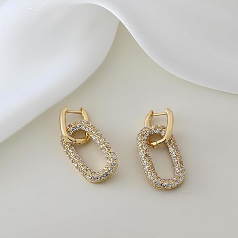 أقراط هوجي هوب ذهبية طويلة مع مكعب زركونيا مستطيلة متدلية للأذنين الحساسة أقراط مزدوجة للنساء العصرية in Kuwait