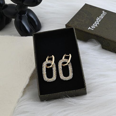 أقراط هوجي هوب ذهبية طويلة مع مكعب زركونيا مستطيلة متدلية للأذنين الحساسة أقراط مزدوجة للنساء العصرية in Kuwait