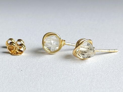 Natural Raw Herkimer Diamond Wire Studs 925 Sterling Silver Dainty Studs Minimalist Earrings Raw Crystal Wire Wrapped Studs Raw Herkimer Earrings Gift for Her (gold) in Saudi Arabia