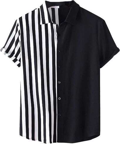 Mens Short Sleeve Button Down Shirt Casual Summer Striped Shirts Patchwork Hawaiian Print Beach Top in Saudi Arabia