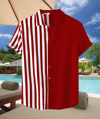 Mens Short Sleeve Button Down Shirt Casual Summer Striped Shirts Patchwork Hawaiian Print Beach Top in Saudi Arabia