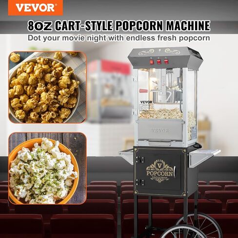 VEVOR Popcorn Maker, 850W Popcorn Popper Machine, 8 Oz Kettle Makes 48 Cups per Batch, Countertop Popcorn Maker with Tempered Glass, Includes 4 Scoops, Movie Theater Style, Black in Saudi Arabia