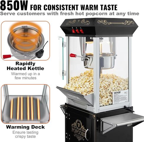 VEVOR Popcorn Maker, 850W Popcorn Popper Machine, 8 Oz Kettle Makes 48 Cups per Batch, Countertop Popcorn Maker with Tempered Glass, Includes 4 Scoops, Movie Theater Style, Black in Saudi Arabia