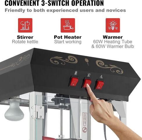 VEVOR Popcorn Maker, 850W Popcorn Popper Machine, 8 Oz Kettle Makes 48 Cups per Batch, Countertop Popcorn Maker with Tempered Glass, Includes 4 Scoops, Movie Theater Style, Black in Saudi Arabia
