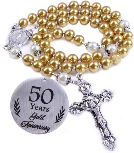 Anniversary Rosary 50th Anniversary Rosary Gold Glass Pearl Rosary Catholic Anniversary Gift Catholic Beads Religious Anniversary Gift (Gold Glass Pearl Beads) in Saudi Arabia