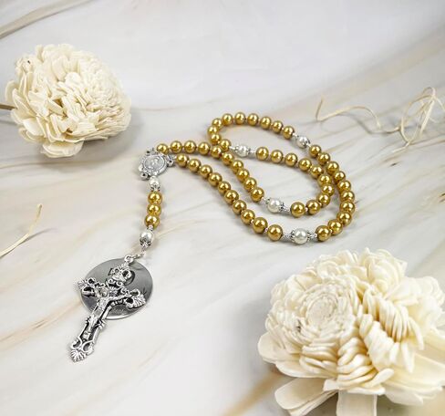 Anniversary Rosary 50th Anniversary Rosary Gold Glass Pearl Rosary Catholic Anniversary Gift Catholic Beads Religious Anniversary Gift (Gold Glass Pearl Beads) in Saudi Arabia