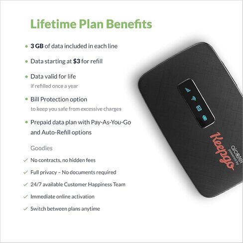 Lifetime Mobile Travel WiFi Hotspot w/ 1GB + 2GB Activation add-on | 3G/4G LTE | Data Valid for Life | 100+ Countries | Portable Pocked-Sized Router | Up to 15 Connected Wireless Devices in Kuwait