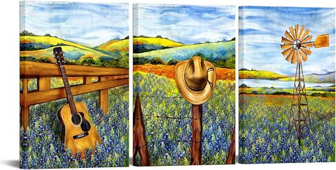 sechars 3 Piece Texas Canvas Wall Art Bluebonnets Field Landscape Painting Pictures Western Decor for Farmhouse Home Living Room Ready to Hang (Medium) in Kuwait