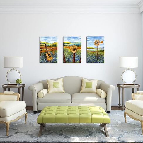 sechars 3 Piece Texas Canvas Wall Art Bluebonnets Field Landscape Painting Pictures Western Decor for Farmhouse Home Living Room Ready to Hang (Medium) in Kuwait