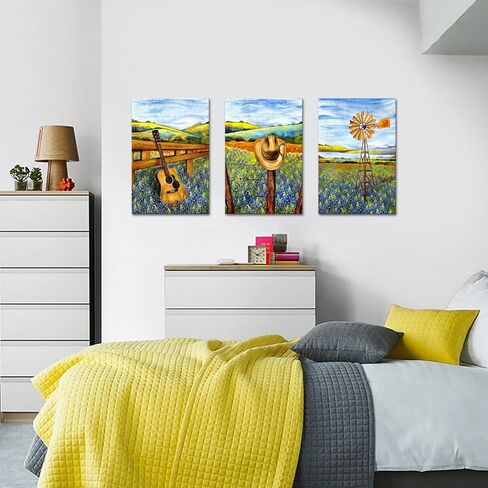 sechars 3 Piece Texas Canvas Wall Art Bluebonnets Field Landscape Painting Pictures Western Decor for Farmhouse Home Living Room Ready to Hang (Medium) in Kuwait
