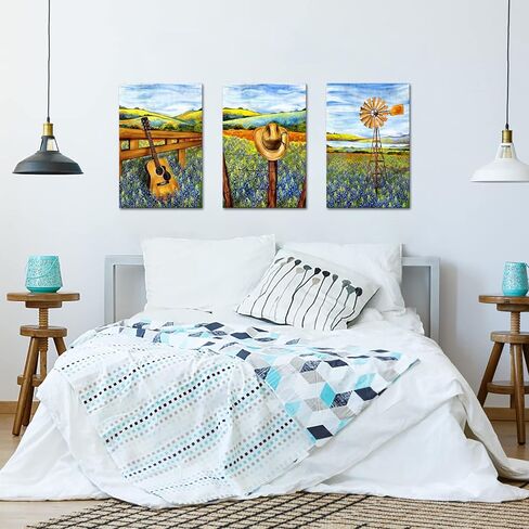 sechars 3 Piece Texas Canvas Wall Art Bluebonnets Field Landscape Painting Pictures Western Decor for Farmhouse Home Living Room Ready to Hang (Medium) in Kuwait