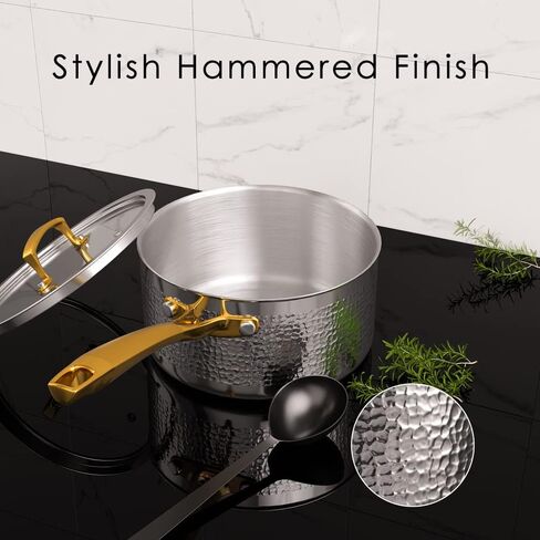 Pots and Pans Set, Tri-Ply Stainless Steel Hammered Kitchen Cookware, Induction Compatible, Dishwasher and Oven Safe, Non-Toxic, Professional Grade Cooking Sets, 10-Piece, Silver in Saudi Arabia