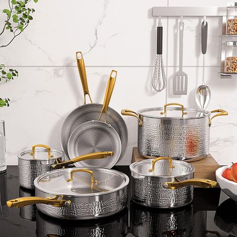 Pots and Pans Set, Tri-Ply Stainless Steel Hammered Kitchen Cookware, Induction Compatible, Dishwasher and Oven Safe, Non-Toxic, Professional Grade Cooking Sets, 10-Piece, Silver in Saudi Arabia
