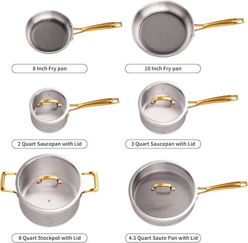 Pots and Pans Set, Tri-Ply Stainless Steel Hammered Kitchen Cookware, Induction Compatible, Dishwasher and Oven Safe, Non-Toxic, Professional Grade Cooking Sets, 10-Piece, Silver in Saudi Arabia