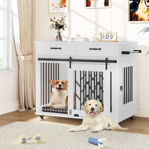 DWVO Dog Crate Furniture for 2 Dogs, 39" Wooden Dog Kennel End Table with Wheels and Storage Drawers, Indoor Double Door Dog Crate with Sliding Barn Door, White in Saudi Arabia