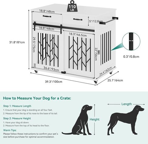 DWVO Dog Crate Furniture for 2 Dogs, 39" Wooden Dog Kennel End Table with Wheels and Storage Drawers, Indoor Double Door Dog Crate with Sliding Barn Door, White in Saudi Arabia