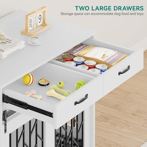 DWVO Dog Crate Furniture for 2 Dogs, 39" Wooden Dog Kennel End Table with Wheels and Storage Drawers, Indoor Double Door Dog Crate with Sliding Barn Door, White in Saudi Arabia