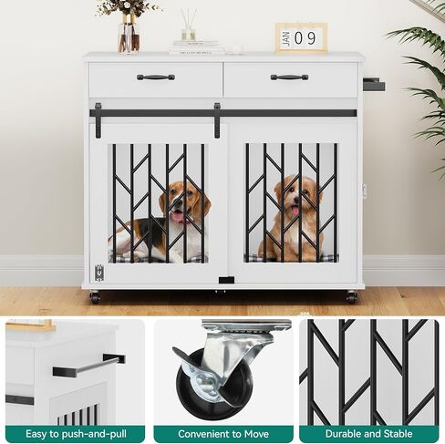 DWVO Dog Crate Furniture for 2 Dogs, 39" Wooden Dog Kennel End Table with Wheels and Storage Drawers, Indoor Double Door Dog Crate with Sliding Barn Door, White in Saudi Arabia