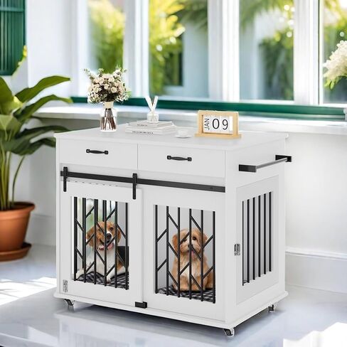 DWVO Dog Crate Furniture for 2 Dogs, 39" Wooden Dog Kennel End Table with Wheels and Storage Drawers, Indoor Double Door Dog Crate with Sliding Barn Door, White in Saudi Arabia