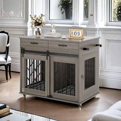 DWVO Dog Crate Furniture for 2 Dogs, 39" Wooden Dog Kennel End Table with Wheels and Storage Drawers, Indoor Double Door Dog Crate with Sliding Barn Door, White in Saudi Arabia