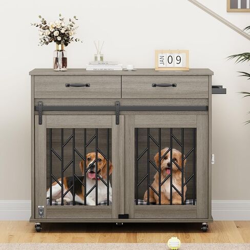 DWVO Dog Crate Furniture for 2 Dogs, 39" Wooden Dog Kennel End Table with Wheels and Storage Drawers, Indoor Double Door Dog Crate with Sliding Barn Door, White in Saudi Arabia