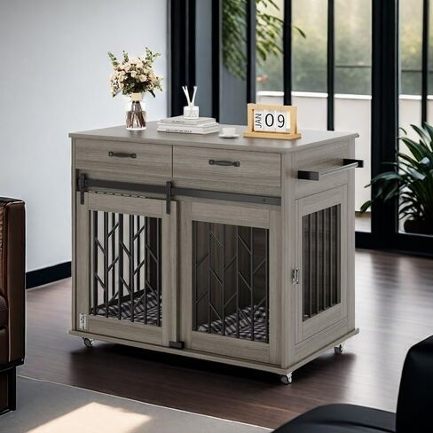 DWVO Dog Crate Furniture for 2 Dogs, 39" Wooden Dog Kennel End Table with Wheels and Storage Drawers, Indoor Double Door Dog Crate with Sliding Barn Door, White in Saudi Arabia