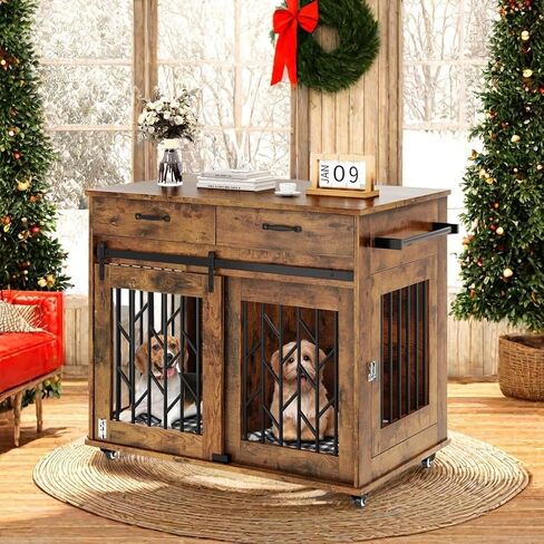 DWVO Dog Crate Furniture for 2 Dogs, 39" Wooden Dog Kennel End Table with Wheels and Storage Drawers, Indoor Double Door Dog Crate with Sliding Barn Door, White in Saudi Arabia