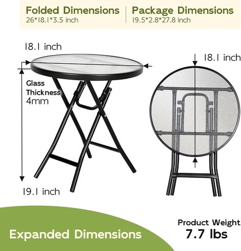 Abba Patio Outdoor Side Table, Round Folding Table with Tempered Glass Tabletop, Portable Bistro Coffee Table for Yard Balcony Garden Poolside Sunroom,Frosted Glass in Kuwait