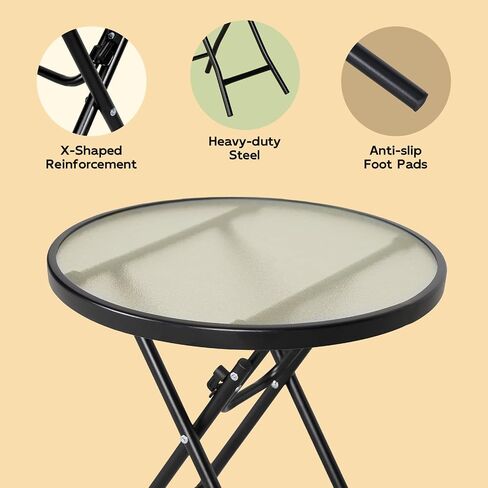 Abba Patio Outdoor Side Table, Round Folding Table with Tempered Glass Tabletop, Portable Bistro Coffee Table for Yard Balcony Garden Poolside Sunroom,Frosted Glass in Kuwait