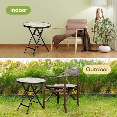 Abba Patio Outdoor Side Table, Round Folding Table with Tempered Glass Tabletop, Portable Bistro Coffee Table for Yard Balcony Garden Poolside Sunroom,Frosted Glass in Kuwait