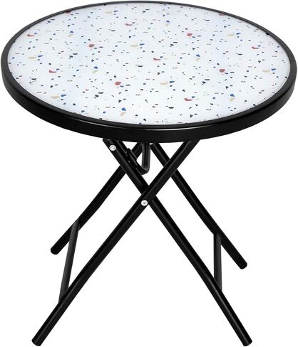Abba Patio Outdoor Side Table, Round Folding Table with Tempered Glass Tabletop, Portable Bistro Coffee Table for Yard Balcony Garden Poolside Sunroom,Frosted Glass in Kuwait