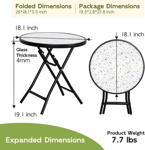 Abba Patio Outdoor Side Table, Round Folding Table with Tempered Glass Tabletop, Portable Bistro Coffee Table for Yard Balcony Garden Poolside Sunroom,Frosted Glass in Kuwait