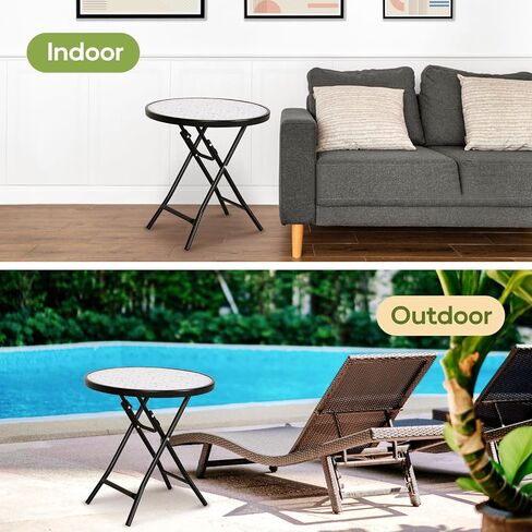 Abba Patio Outdoor Side Table, Round Folding Table with Tempered Glass Tabletop, Portable Bistro Coffee Table for Yard Balcony Garden Poolside Sunroom,Frosted Glass in Kuwait