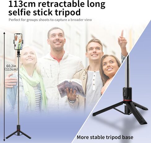 Selfie Stick Tripod, 44" Extendable, 360° Rotatable, Wireless Remote, Detachable Phone Holder, Lightweight & Portable, Compatible with iPhone, Samsung, Android, Ideal for Travel & Vlogging in Saudi Arabia