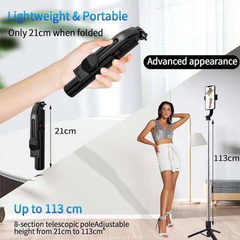 Selfie Stick Tripod, 44" Extendable, 360° Rotatable, Wireless Remote, Detachable Phone Holder, Lightweight & Portable, Compatible with iPhone, Samsung, Android, Ideal for Travel & Vlogging in Saudi Arabia