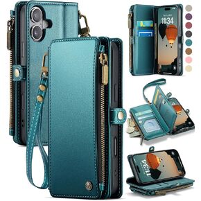 Defencase Compatible with iPhone 16 Case Wallet with RFID Blocking Card Holder for Women Men, Fashion PU Leather Magnetic Snap Flip Zipper Strap Wallet Phone Case for iPhone 16 6.1", Blue Green