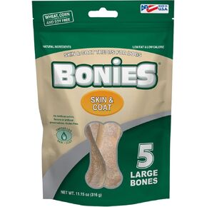 Bonies Natural Skin & Coat Formula Large-Sized Single Bone - Promote Silky Coat & Healthy Skin, Healthy Teeth & Fresh Breath, Low Calories - Chicken Flavor, 5 Bones