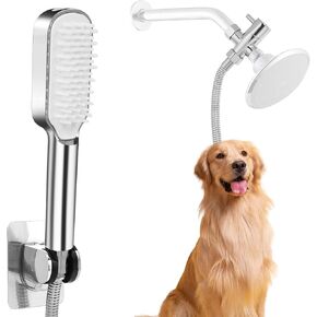 Dog Shower Head with Hose 79", Dog Shower Attachment with 2 Spray Modes & One-Button Switch, Handheld Shower Head Brush Kit for Hair Washing, Bathing, Grooming, Massage, Suction Holder Pet Bathing Kit