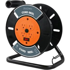 Extension Cord Storage Reel with 4-Grounded Outlets, Heavy Duty Open Cord Reel for 12/3 14/3 16/3 Power Cords, Portable Empty Hand Crank Electric Cord Roller Holder, Red