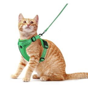Rttochfy Cat Harness and Leash Set, Adjustable and Reflective Cat Vest, Escape Proof Kitten Harness, Easy to Put on with 3 Buckles for Cats Walking and Traveling (Green, M)