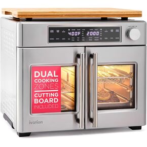 Dual Zone Air Fryer French Door Oven - 32 Qt Convection Toaster Combo - 10-in-1 Multifunction Up to 450° - 1800W - Temperature Control, Timer - Stainless Steel – Dehydrate, Broil, Bake, Roast, Ferment