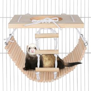 Ferret Hammock Wooden Guinea Pig Hammock Adjustable Rat Hammock with Ladder Ferret Toys Multifunctional Ferret Cage Accessories for Rats, Ferrets, Guinea Pig, Hamster