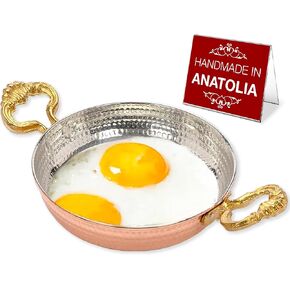 Hakan Copper Round Chef Pan | Traditional Ottoman Style Handmade Copper Frying Pan | Authentic Design Copper Cookware | Hand-Crafted Hammered Copper Sahan | Turkish Egg Omelet Skillet, 7"