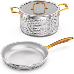Stainless Steel Pots and Pans Set, Tri-Ply Hammered Kitchen Cookware with Glass Lids, Induction Compatible, Non-Coated, Non-Toxic, 10-Piece